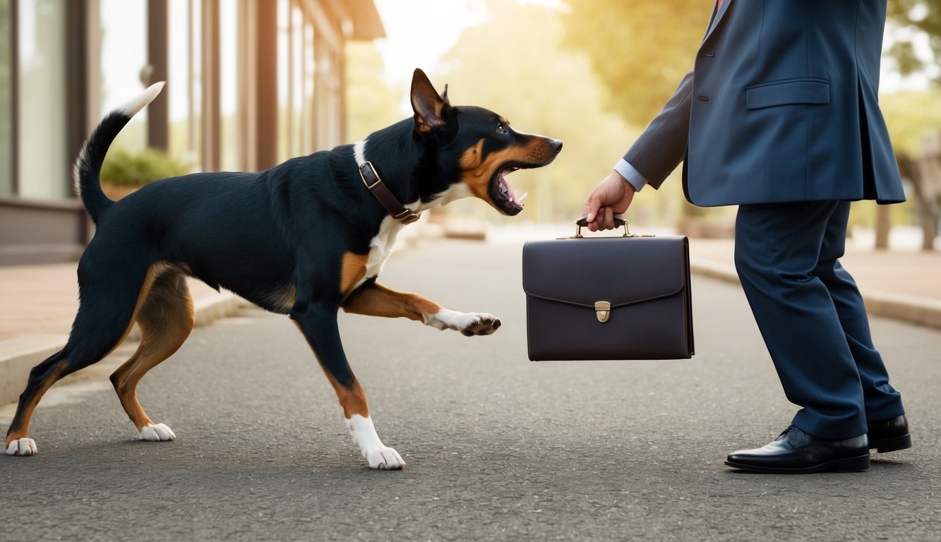 A snarling dog lunges at a figure, teeth bared, as a lawyer's briefcase lies open on the ground