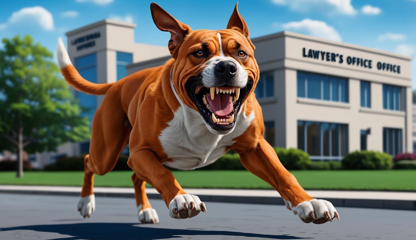 A fierce-looking dog with bared teeth lunging forward, with a lawyer's office building in the background