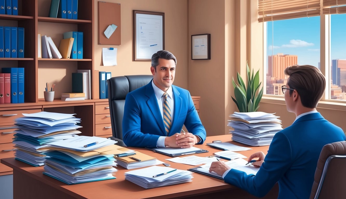 A busy law office in Phoenix, with files and paperwork scattered on desks, and a confident lawyer speaking with a client