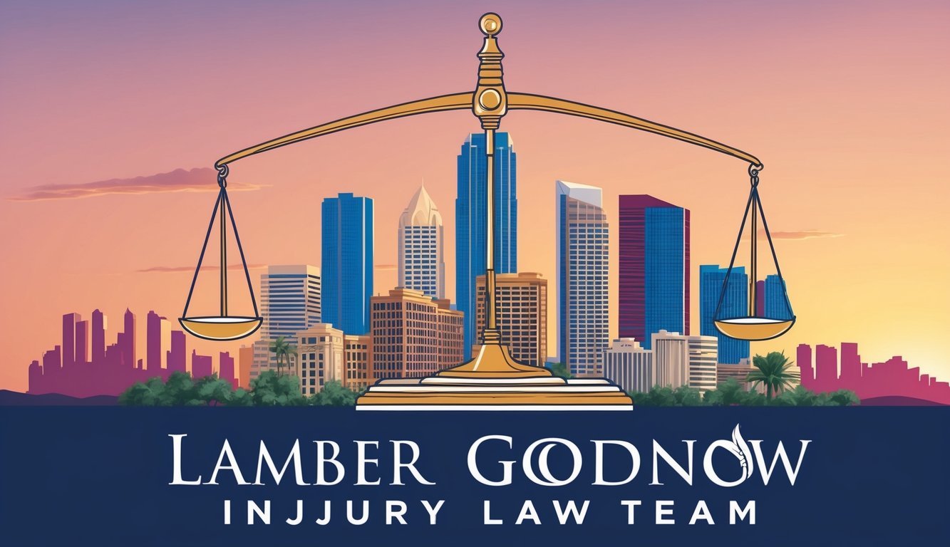 A Phoenix skyline with a scale representing the Lamber Goodnow Injury Law Team as a dominant presence