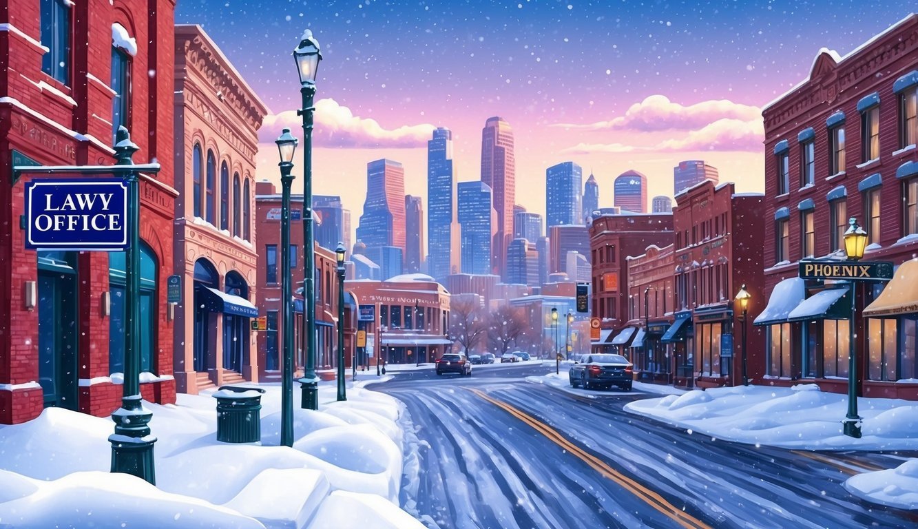 A snowy city street with a law office sign and a Phoenix skyline in the background