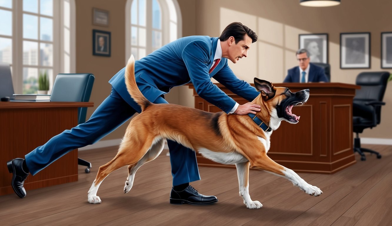 An aggressive dog lunging towards a person, with a lawyer's office in the background