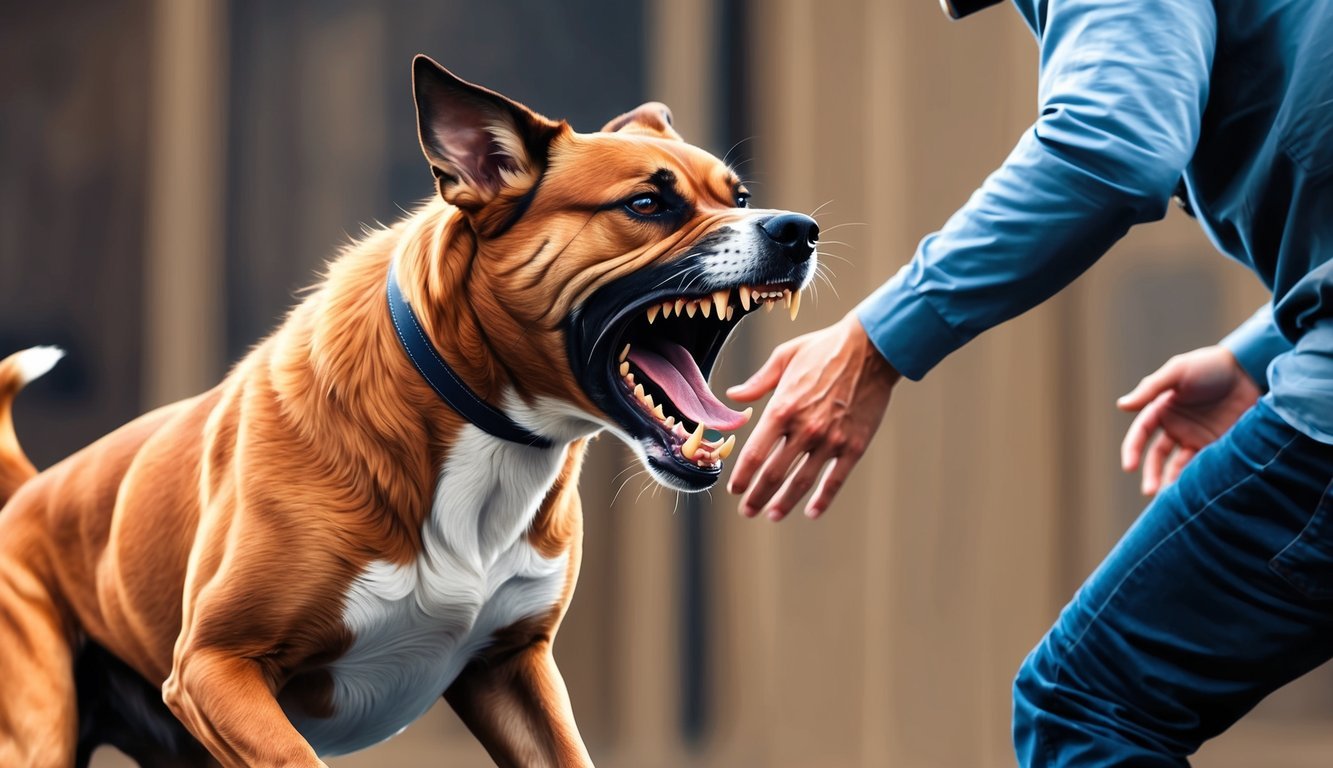 A fierce-looking dog with bared teeth lunging towards a person