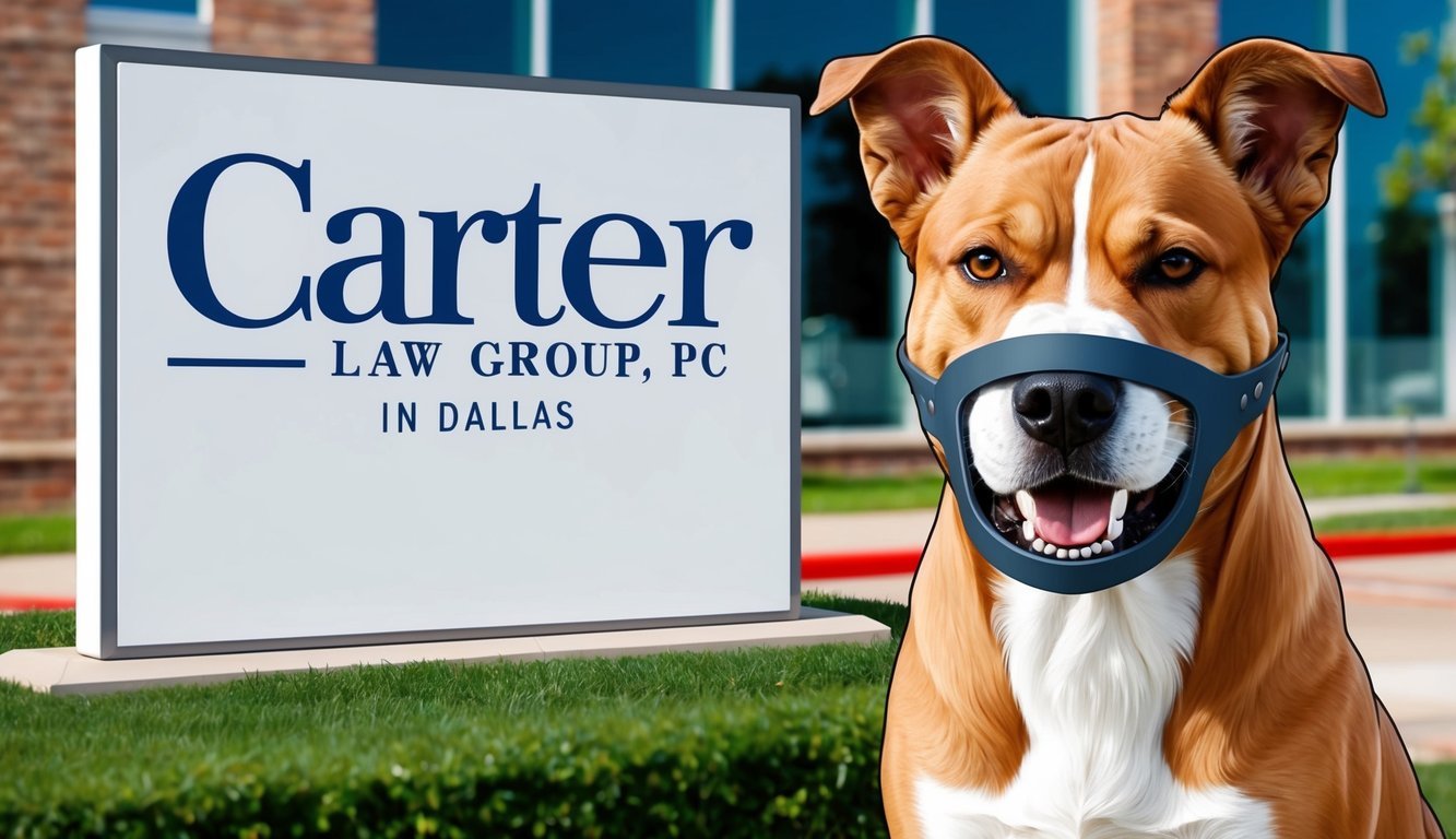 A fierce-looking dog with a muzzle on, standing in front of the Carter Law Group, PC sign in Dallas