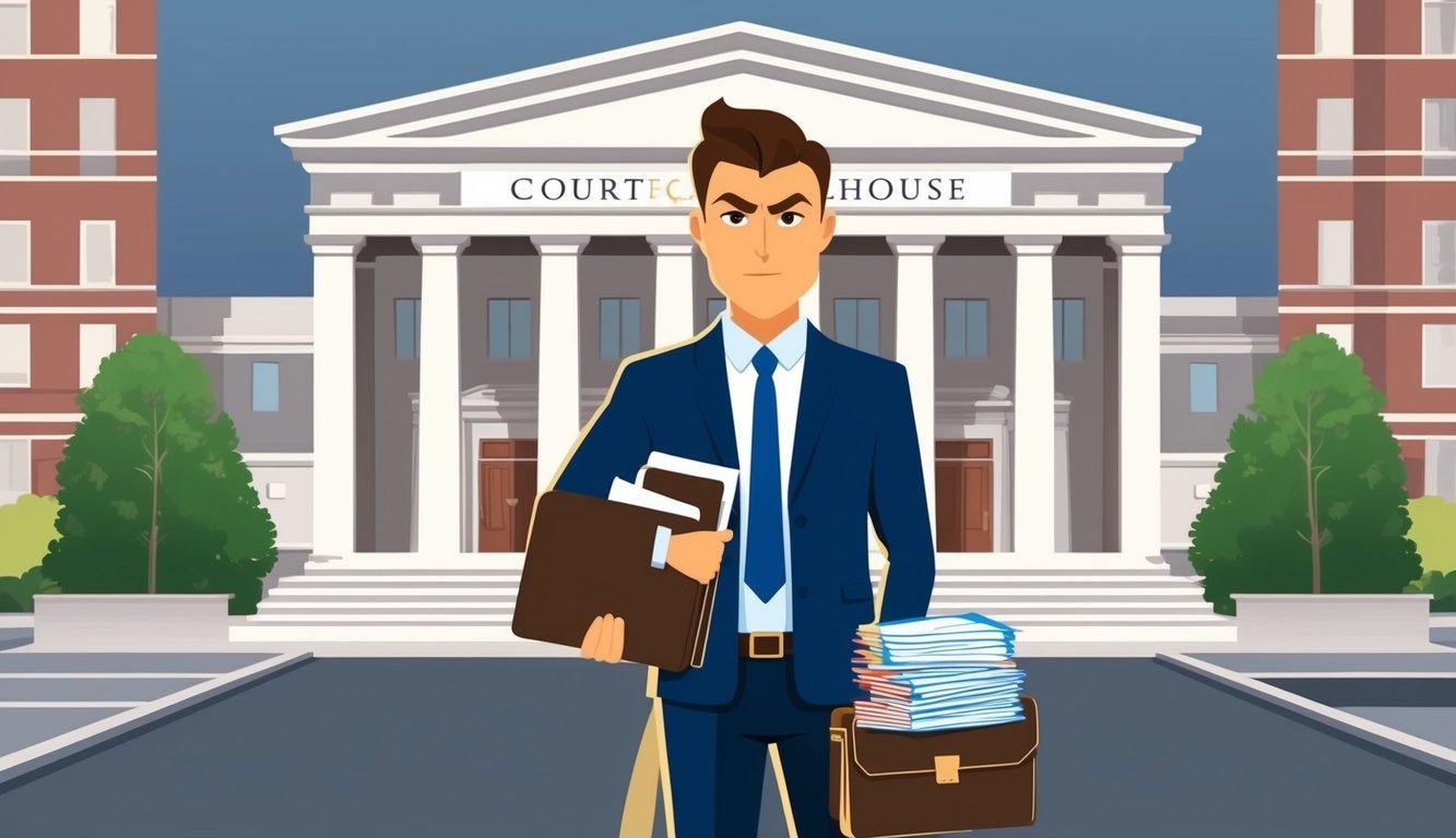 A confident lawyer standing in front of a courthouse with a determined expression, holding a briefcase and a stack of legal documents