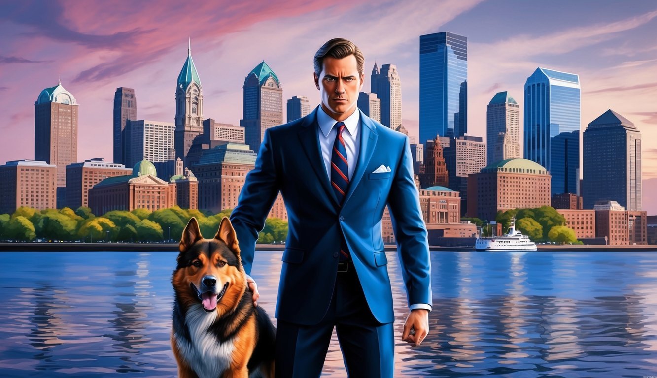 A determined lawyer standing in front of the Philadelphia skyline, with a fierce dog by his side