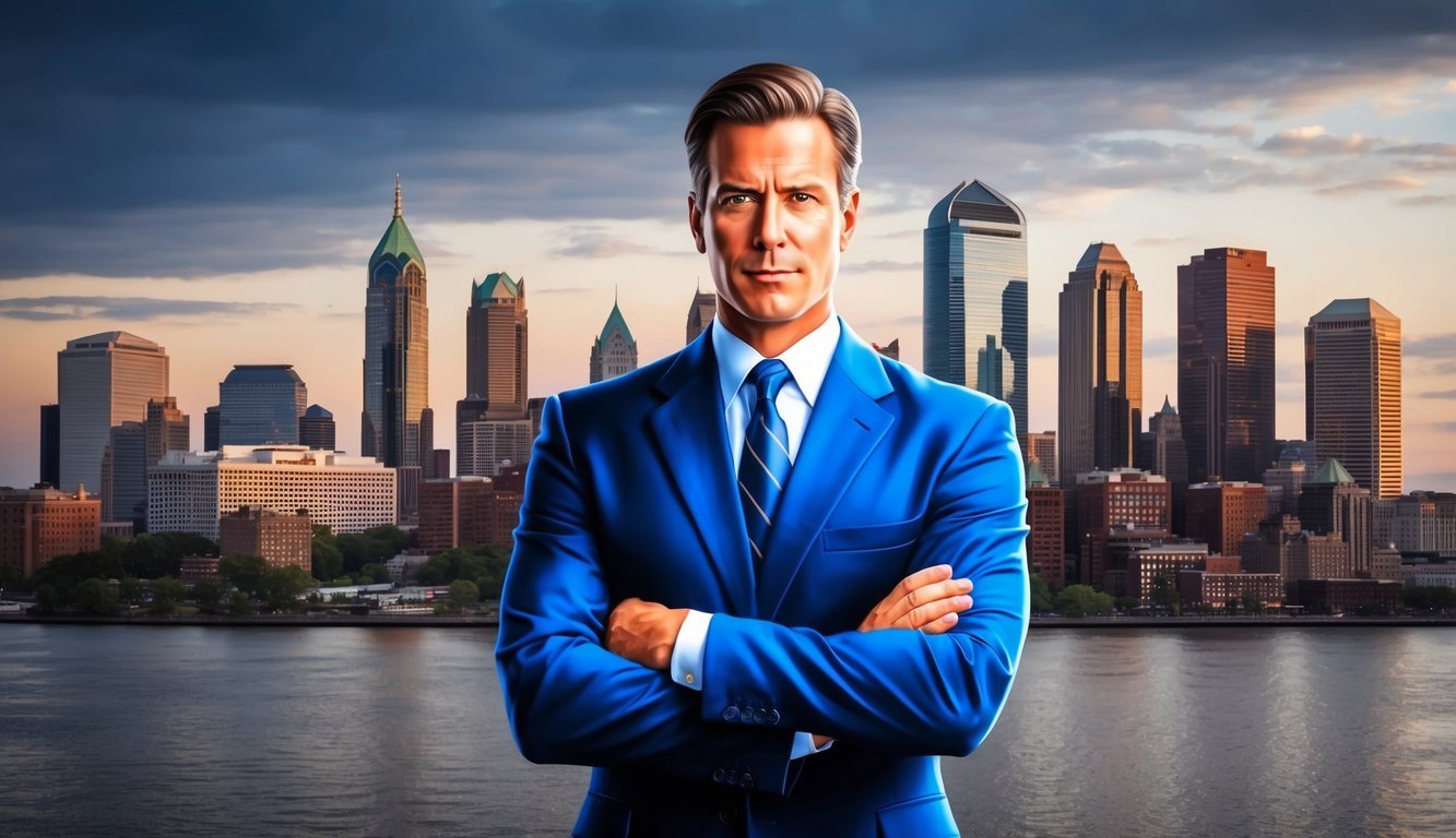 A confident lawyer standing in front of the Philadelphia skyline, with a determined look on his face