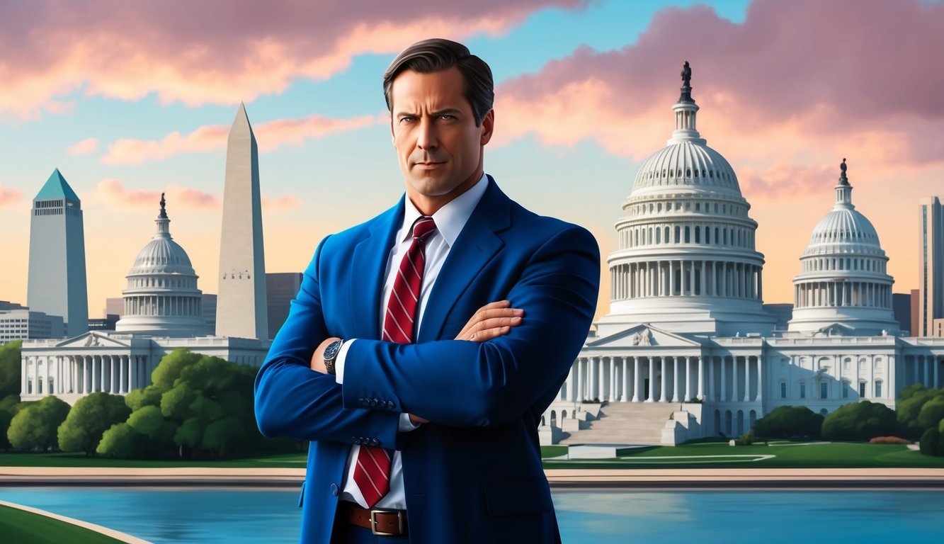 A confident lawyer standing in front of the Washington DC skyline, with a determined look on his face