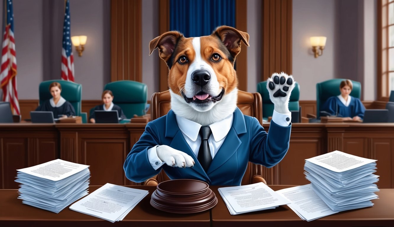 A determined dog lawyer in a courtroom, surrounded by legal documents and confidently presenting her case