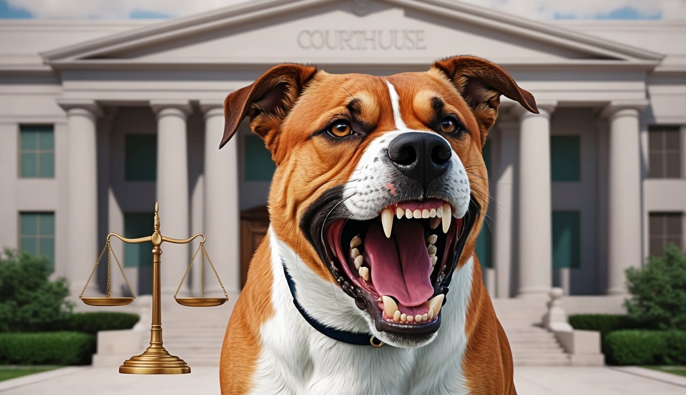 A fierce-looking dog baring its teeth, standing in front of a courthouse with a gavel and scales of justice