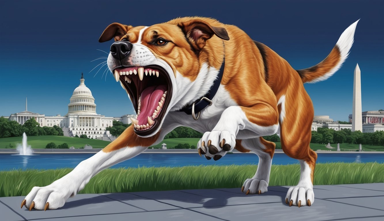 A fierce-looking dog with bared teeth lunging towards the viewer, with a cityscape of Washington DC in the background