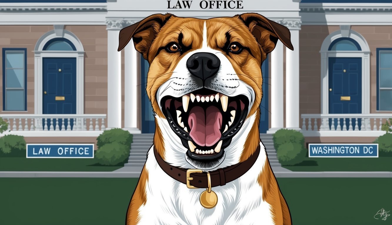 A fierce-looking dog bares its teeth, standing in front of a law office in Washington DC