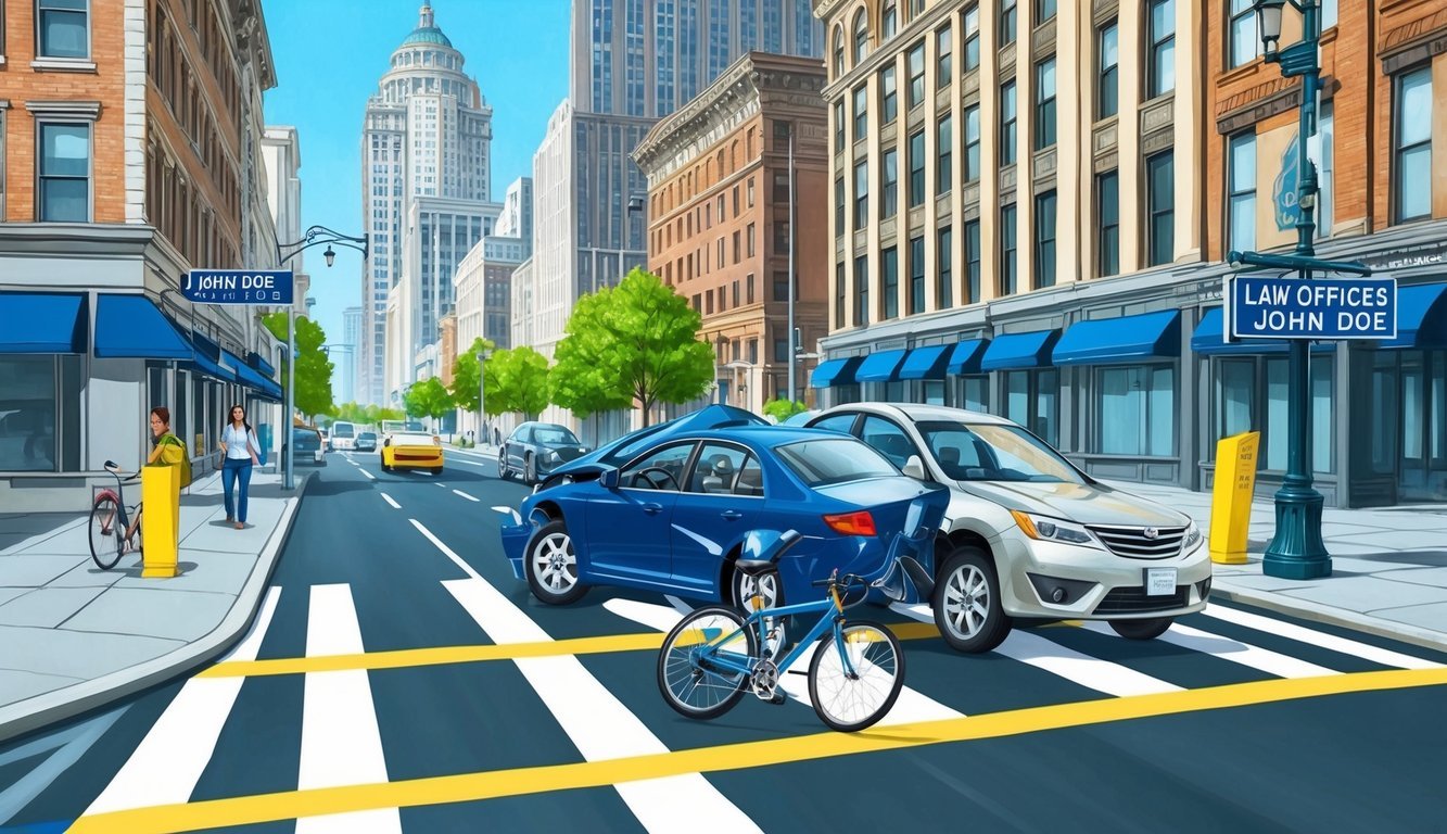 A busy urban street with a bicycle and a car colliding, surrounded by tall buildings and a sign for "Law Offices of John Doe."