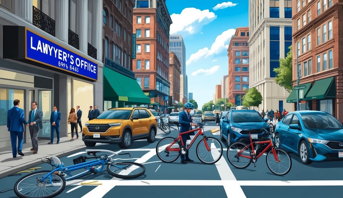 A bustling city street with a bike accident scene, a lawyer's office sign in the background