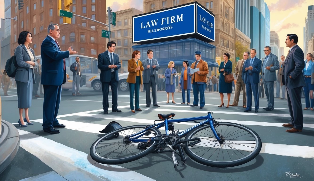 A busy intersection with a damaged bicycle lying on the ground, surrounded by concerned onlookers and a prominent law firm billboard in the background