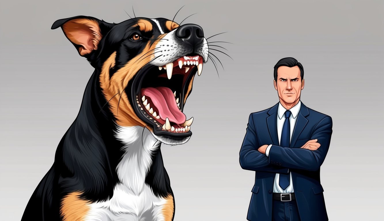 A fierce dog baring its teeth, with a lawyer standing confidently in front, ready to defend against a potential attack