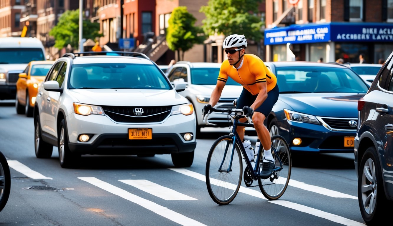 A cyclist navigating a busy Philadelphia street, with cars and a bike accident lawyer's office in the background