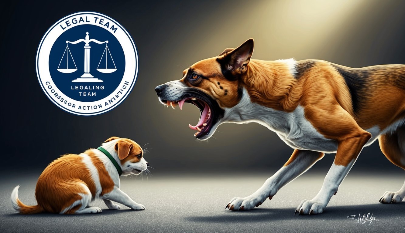 A snarling dog lunges towards a cowering pet, while a legal team logo looms in the background