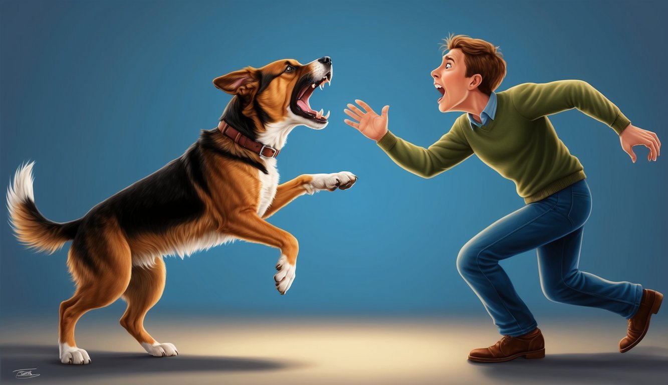 A snarling dog lunges towards a frightened figure, teeth bared