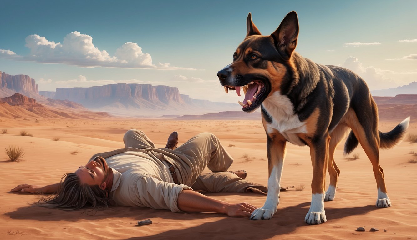 A fierce dog bares its teeth, standing over a fallen victim in a desert valley