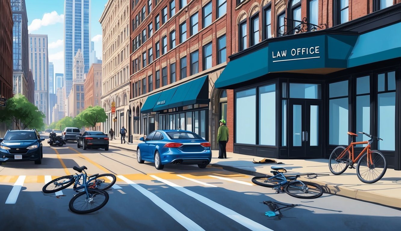 A bustling Chicago street with a bike accident scene, a law office sign in the background