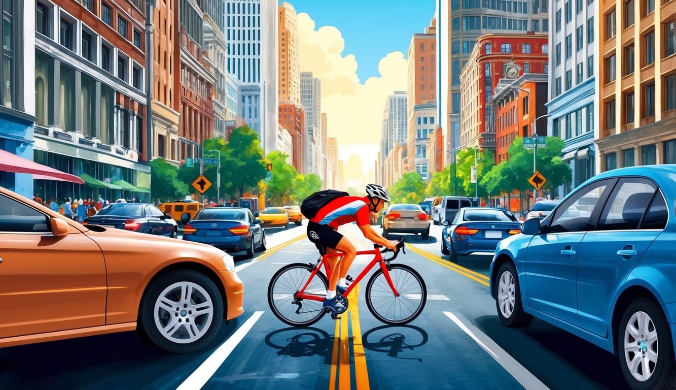 A bustling city street with a cyclist colliding with a car, surrounded by tall buildings and busy traffic