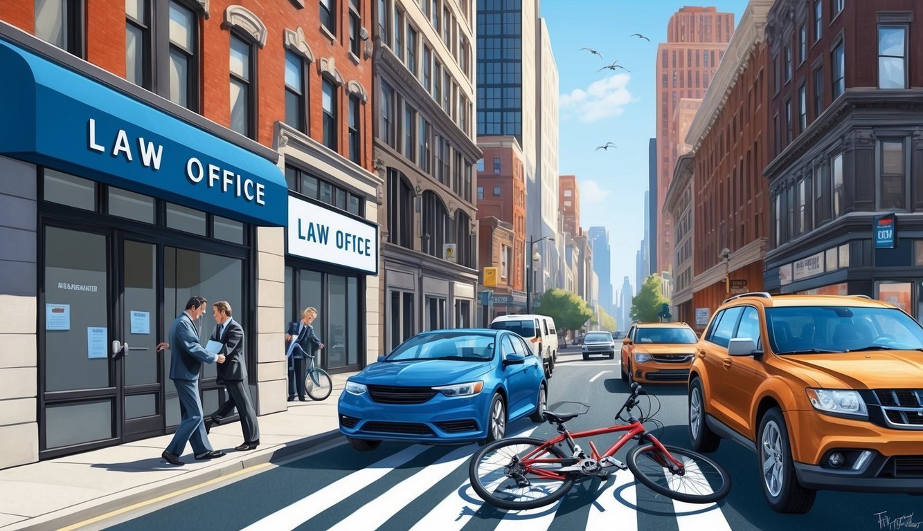 A bustling city street with a prominent law office sign and a bike accident scene