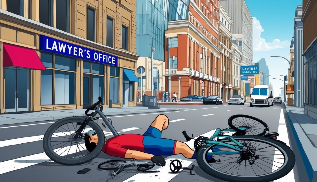 Busy city street with a cyclist lying on the ground next to a damaged bike.</p><p>A lawyer's office sign is visible in the background