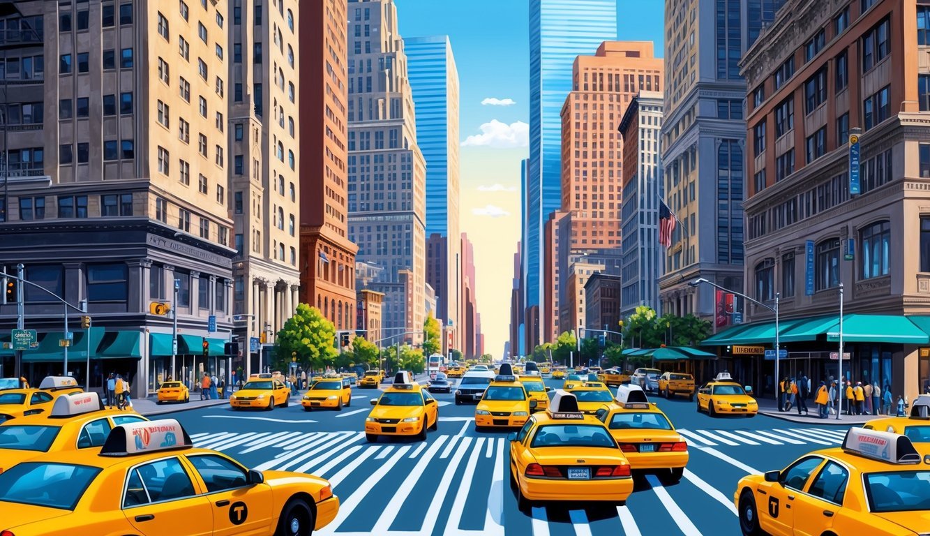 A bustling New York street with a busy intersection, surrounded by towering skyscrapers and yellow taxis