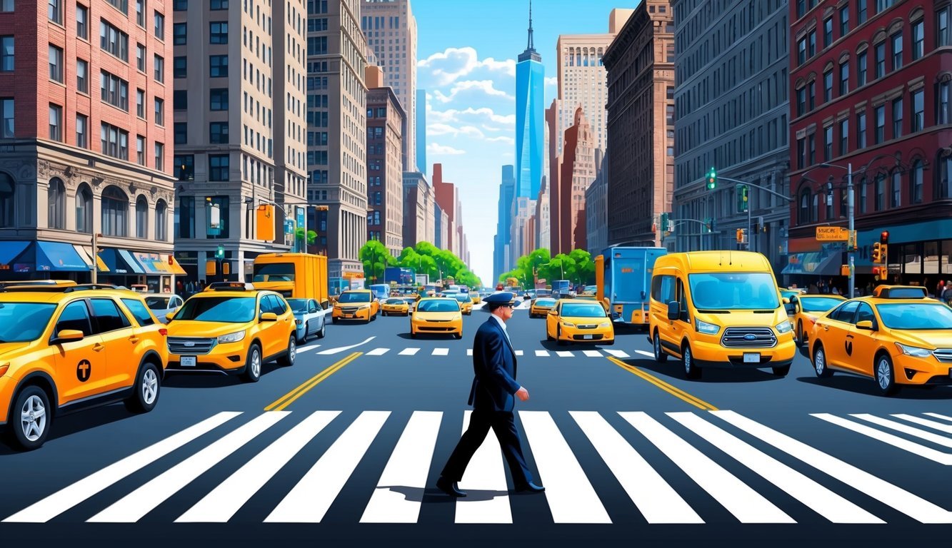 Busy New York City street with a pedestrian crossing, surrounded by tall buildings and bustling traffic