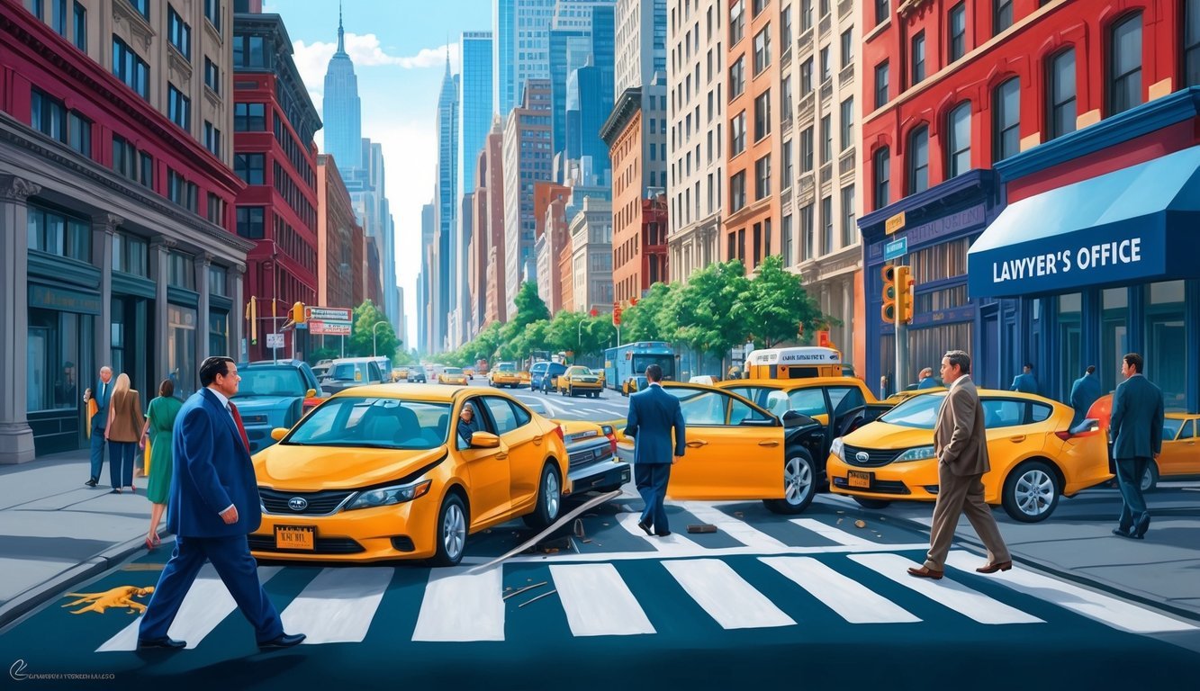 A bustling New York City street with a pedestrian accident scene, showing a lawyer's office sign in the background