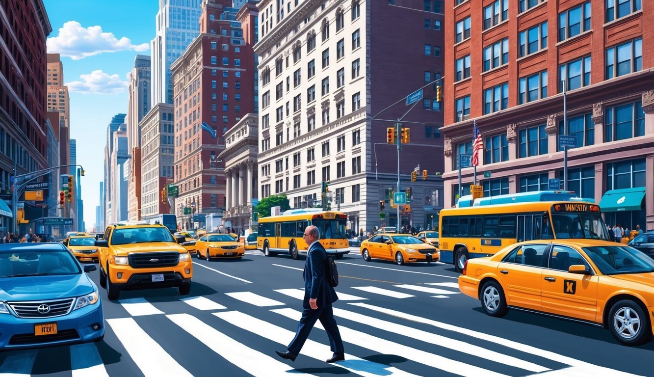 A bustling New York City street with a pedestrian crossing, surrounded by tall buildings and bustling traffic