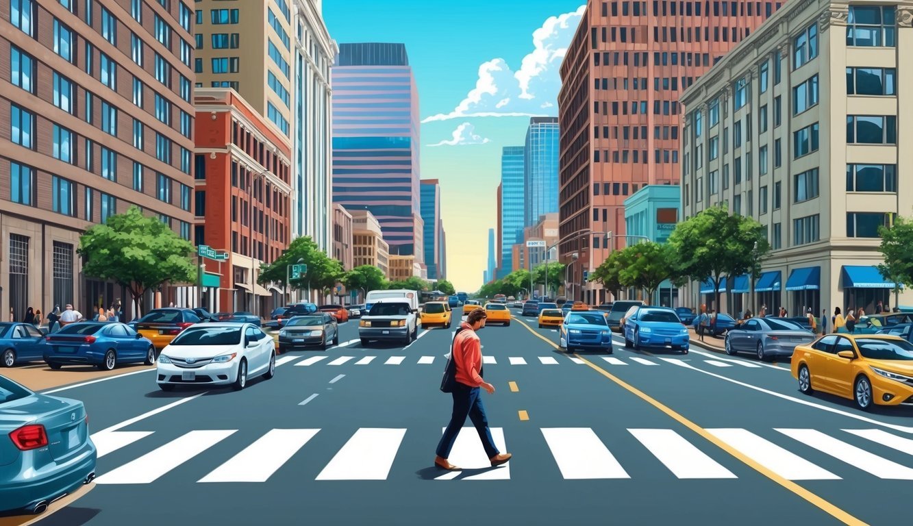 Busy Houston street with a pedestrian crossing, surrounded by tall buildings and bustling traffic