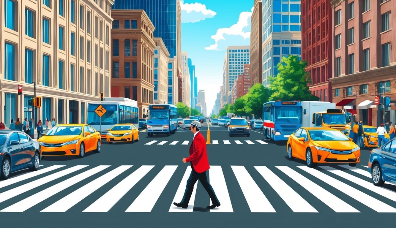 Busy city street with a pedestrian crossing, surrounded by tall buildings and bustling traffic