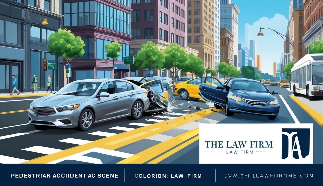 Busy city street with a pedestrian accident scene, showing a collision between a car and a pedestrian.</p><p>The law firm's logo prominently displayed nearby