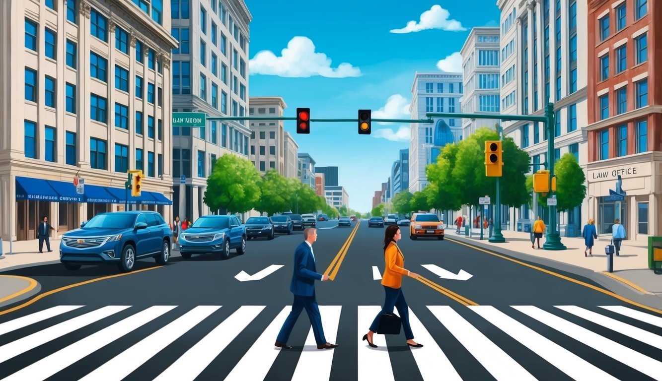 A busy city street with a pedestrian crossing, a traffic light, and a law office building in the background