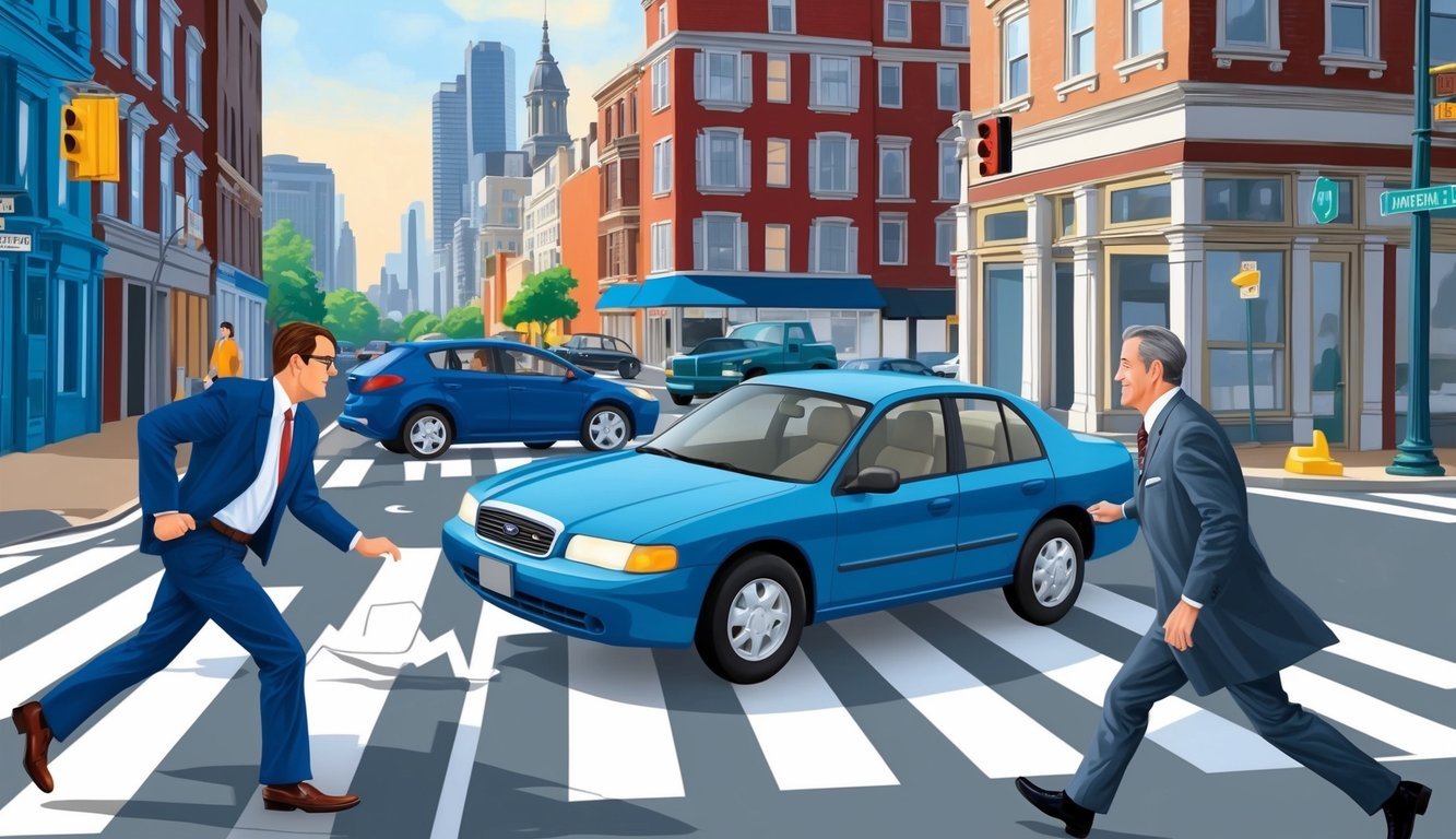 A busy intersection in Philadelphia with a car and pedestrian colliding, while a lawyer from Marrone Law Firm rushes to the scene