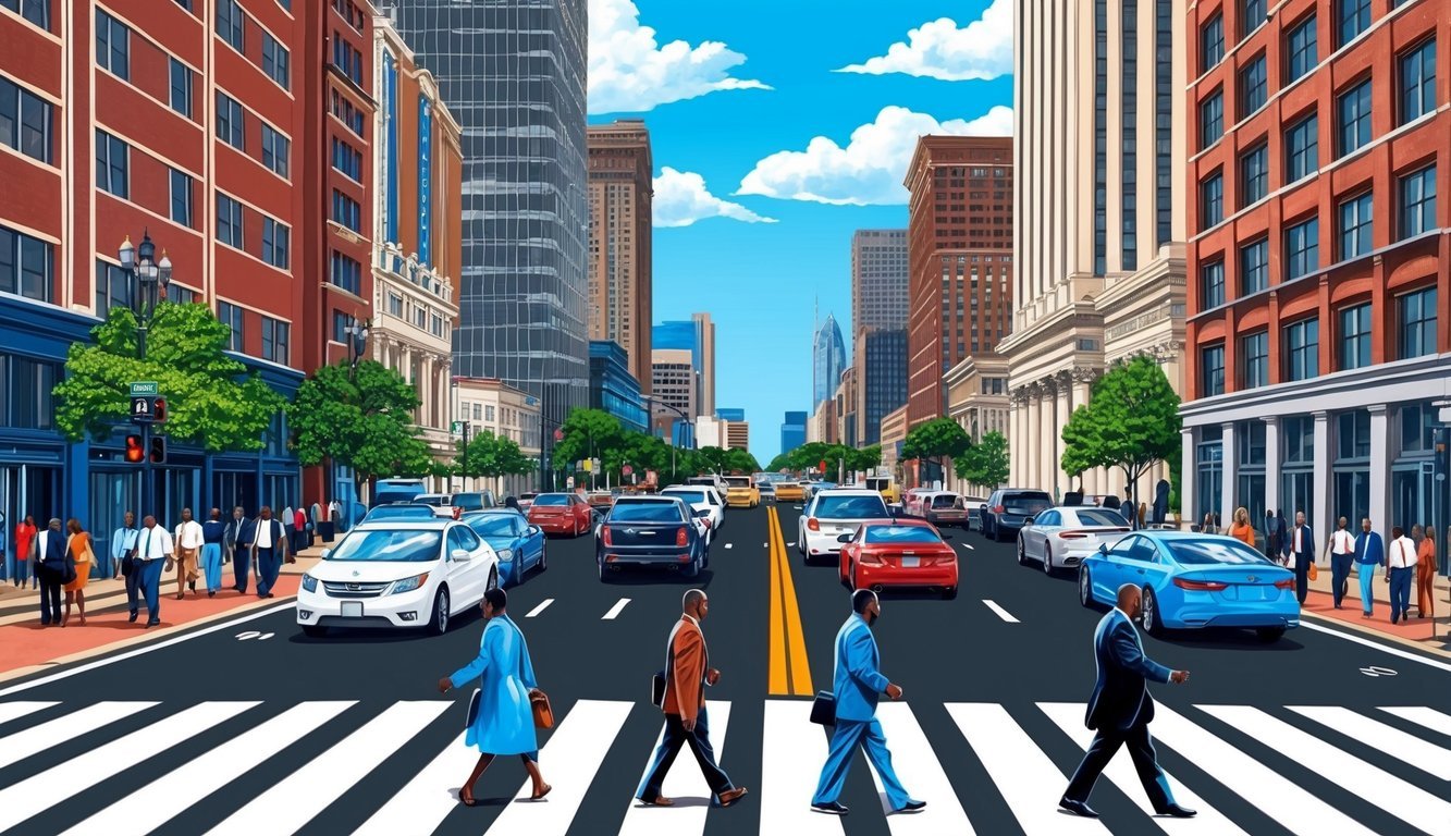 A bustling Atlanta street with a pedestrian crossing, surrounded by tall buildings and bustling traffic