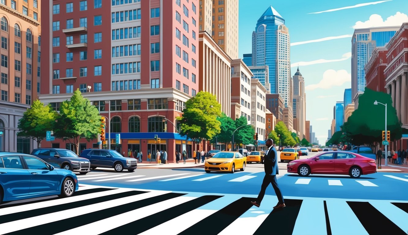 A bustling Atlanta street with a pedestrian crossing, surrounded by tall buildings and busy traffic