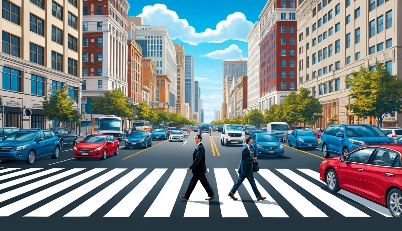 A bustling city street with a pedestrian crossing, surrounded by tall buildings and bustling traffic