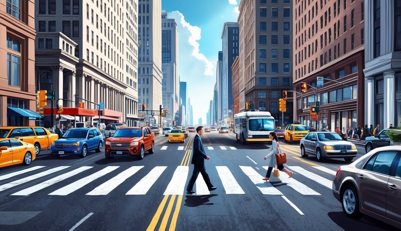 A bustling city street with a pedestrian crossing, surrounded by tall buildings and busy traffic, with a sense of urgency and potential danger