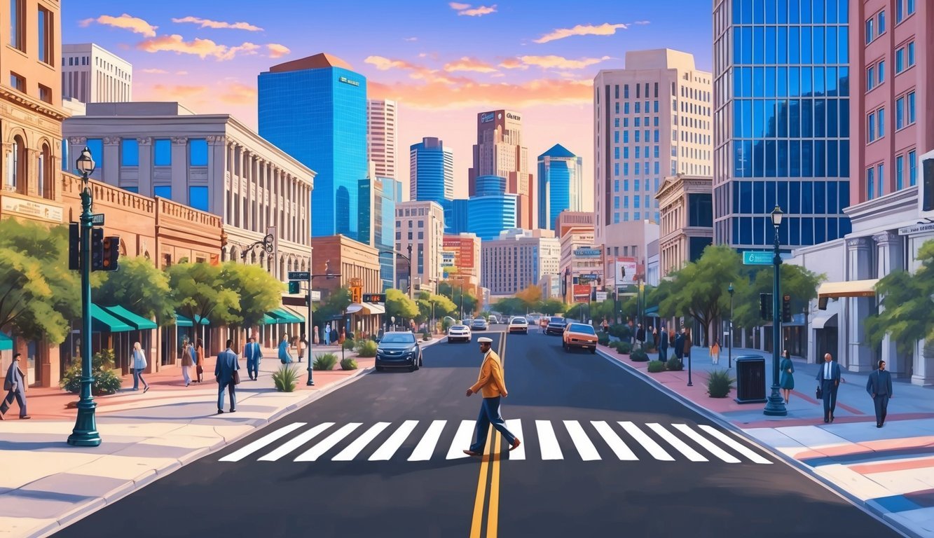 A bustling city street with a pedestrian crossing, surrounded by tall office buildings and the iconic Phoenix skyline in the background