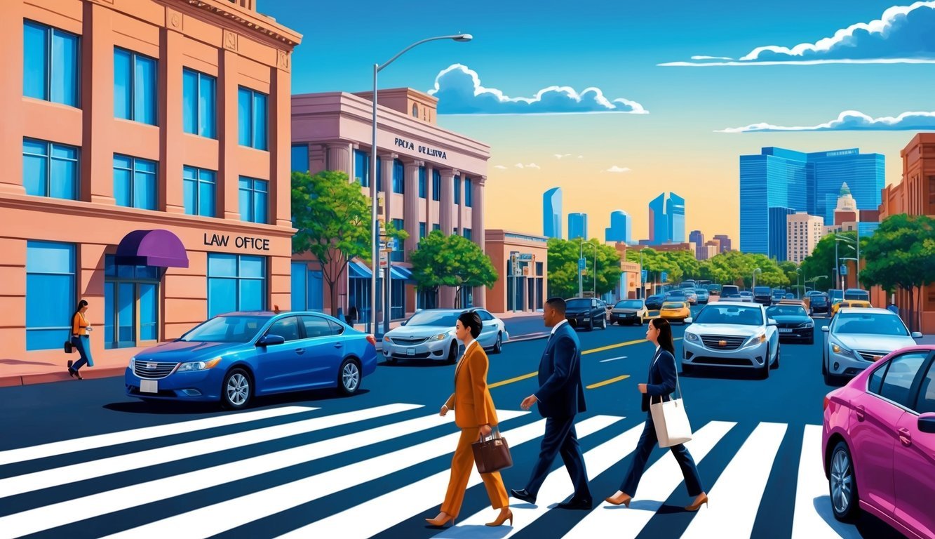 A bustling city street with a pedestrian crossing, a law office building in the background, and a Phoenix skyline in the distance