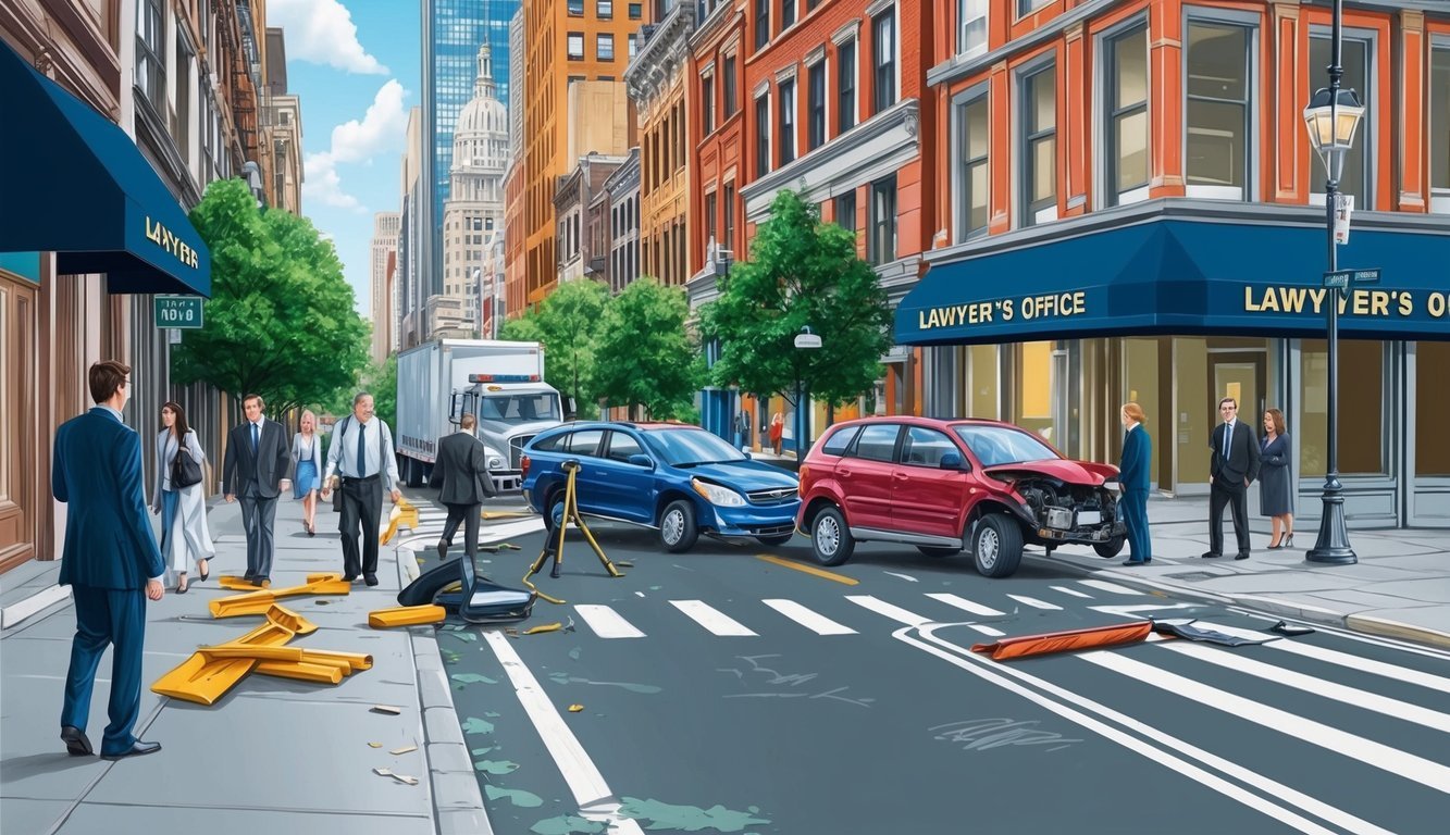 A bustling city street with a pedestrian accident scene, showing a lawyer's office sign in the background