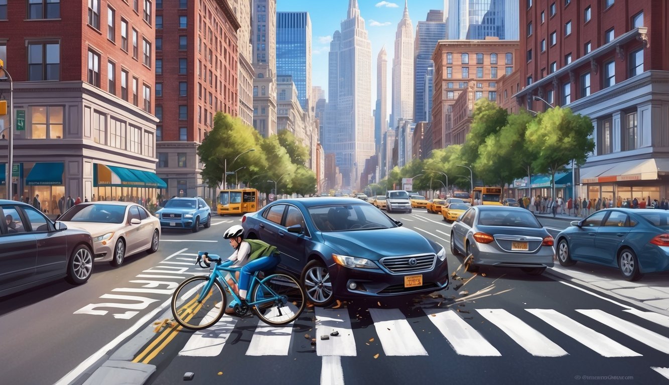 A bustling New York street corner with a cyclist colliding with a car, surrounded by skyscrapers and busy traffic