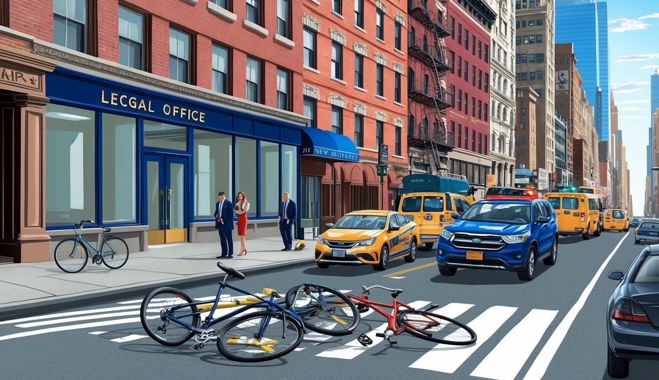 A bustling street in New York City with a bicycle accident scene, legal office in the background