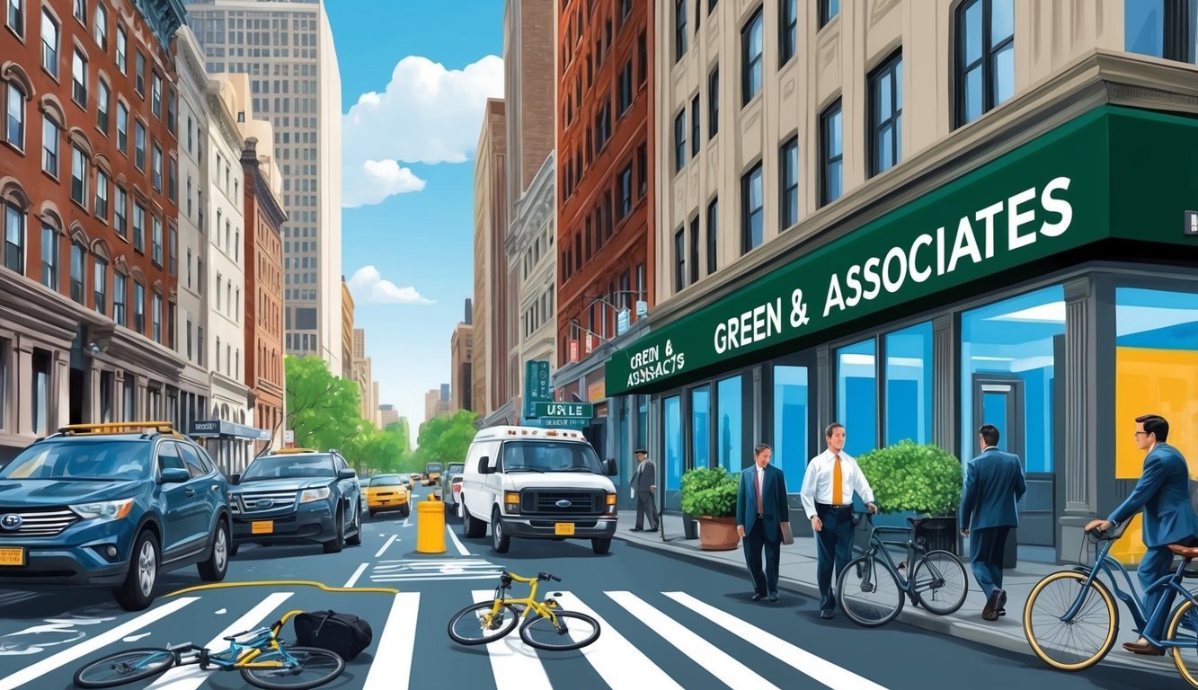 A bustling New York City street with a bicycle accident scene, a lawyer's office in the background, and a prominent "Green & Associates" sign