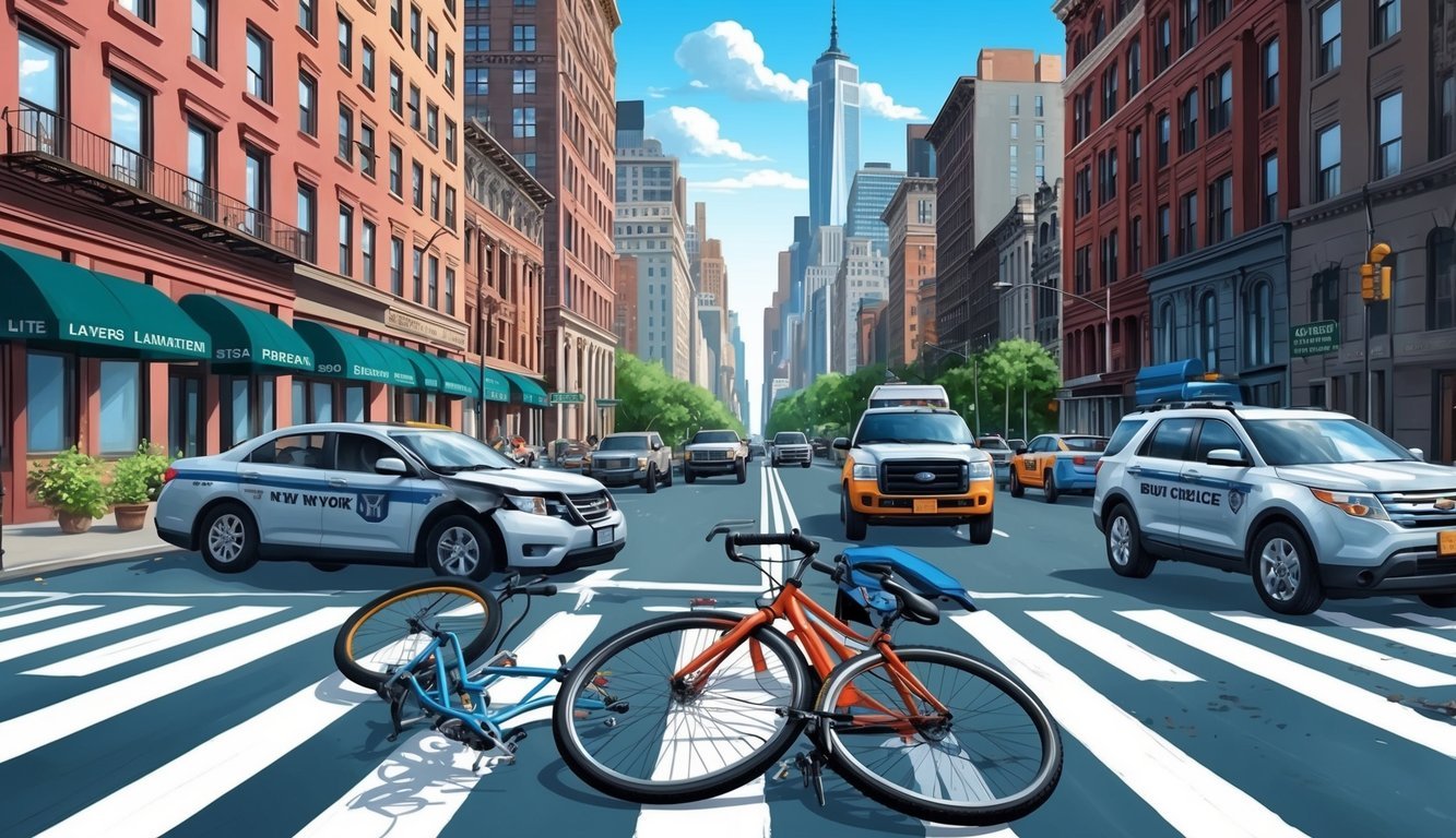 A busy New York City street with a bicycle accident scene, including a damaged bike and a lawyer's office in the background