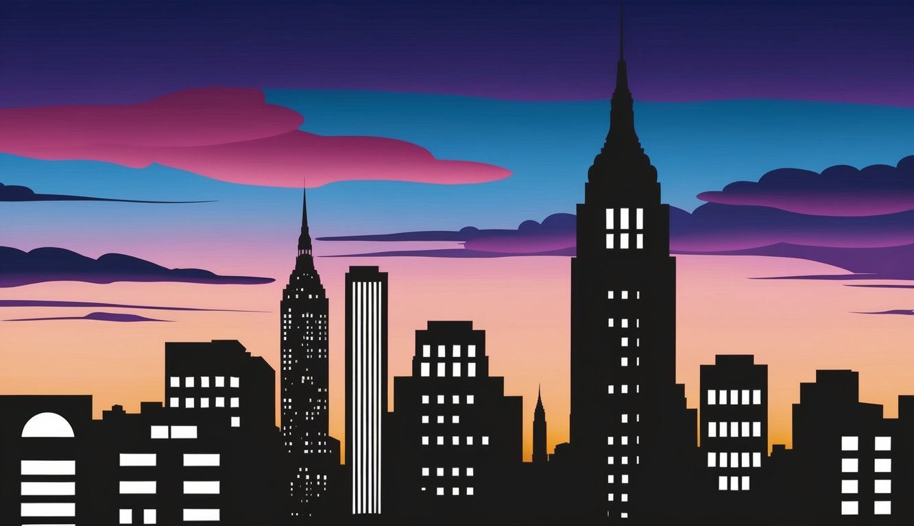 A New York cityscape at dusk, with the silhouette of a prominent law firm building against the colorful sky