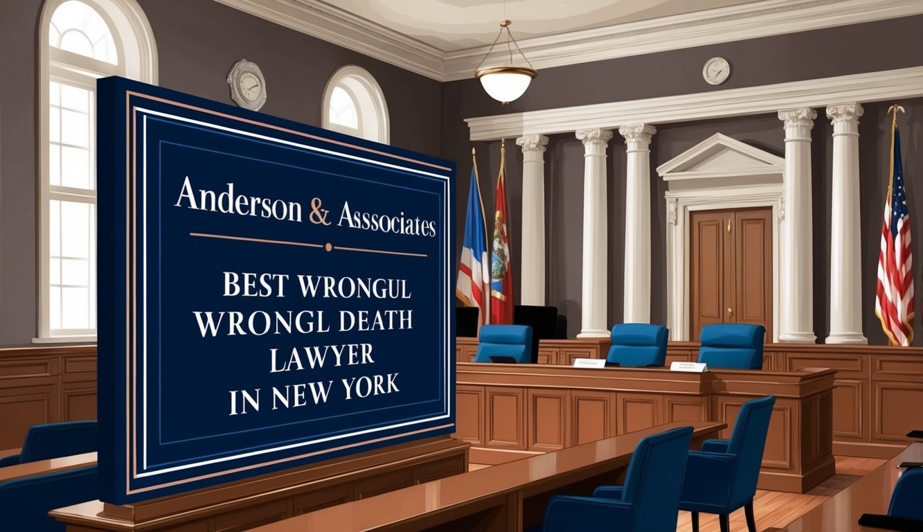 A courtroom with a prominent sign reading "Anderson & Associates, Best wrongful death lawyer in New York" displayed prominently